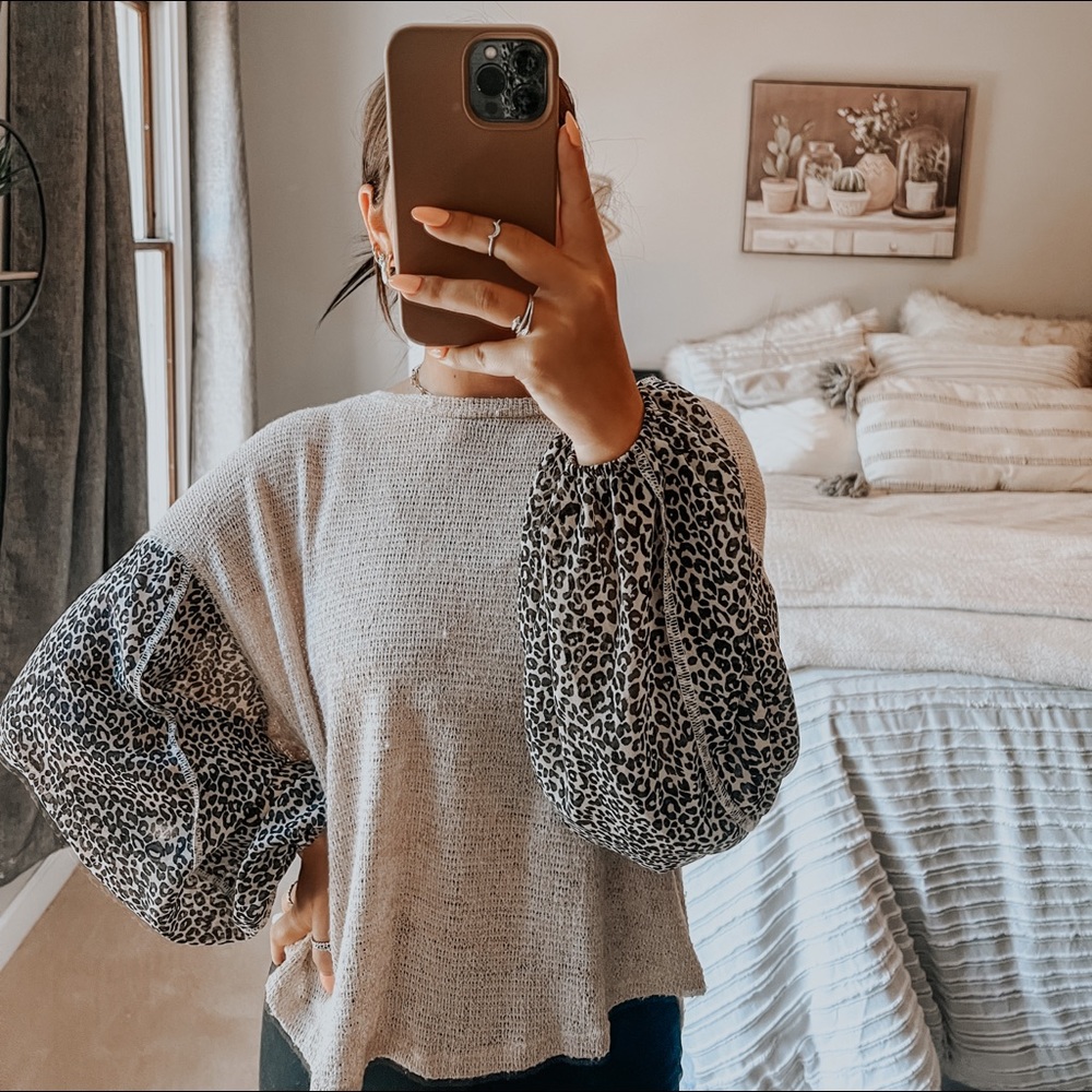 Blu Pepper Neutral Knit Top with Black & White Leopard Balloon Sleeves